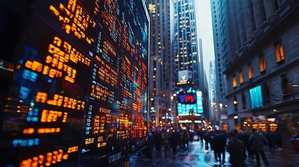 Obraz premium Crowded city street with people walking and digital display of bitcoin and stock market data