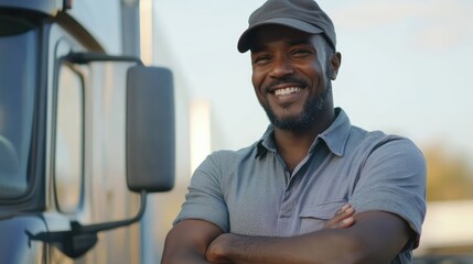Smiling truck driver standing confidently with arms crossed beside his vehicle against a sunny backdrop