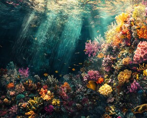 Obraz premium Vibrant underwater scene showcasing a colorful coral reef teeming with marine life. Sunbeams illuminate the rich ecosystem.