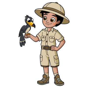 Zookeeper boy with bird illustration by hand drawn 