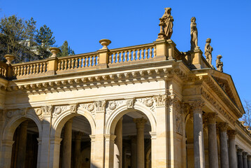 Mill Colonnade with hot springs in Karlovy Vary, Carlsbad, spa town with thermal springs in west Bohemia, Czech Republic