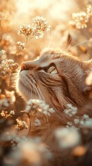 Naklejka premium Golden cat and butterfly wallpaper with soft golden tones, dreamy golden cat wallpaper for nature lovers, aesthetic golden cat wallpaper with magical lighting