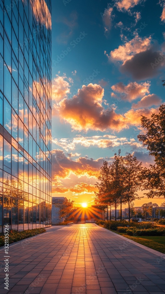 Aufkleber as evening approaches, the sun sinks below the horizon, casting a warm glow on gleaming glass buildi