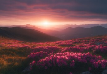 Majestic sunrise over a mountain valley blanketed in vibrant pink flowers