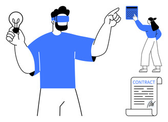 Man wearing a VR headset holding a glowing lightbulb symbolizing ideas, woman using a calculator, and a signed contract. Ideal for innovation, decision-making, collaboration, tech, business planning