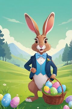 Easter bunny in a jacket and bow-tie holding a basket with easter eggs