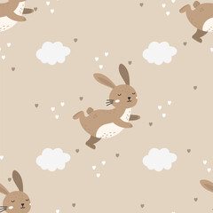 Seamless vector pattern featuring bunnies and fluffy clouds in soft pastel tones, perfect for baby textiles, nursery wallpapers, and children s clothing