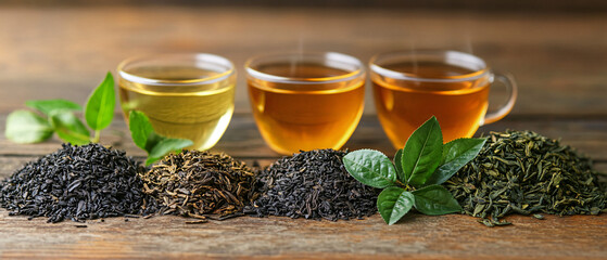 Different types of loose tea leaves with steaming glass cups arranged on a wooden table

