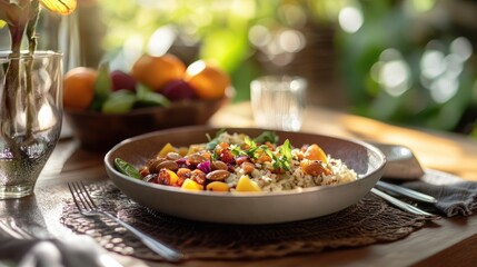 A vibrant bowl of colorful fruit and nut salad on a rustic wooden table, surrounded by fresh fruits and greenery