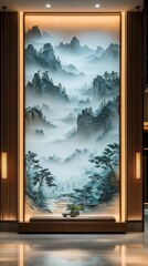 A tranquil mountain landscape painting with misty peaks, lush forests, and a serene stream, framed by modern sconces and elegant wood panels.