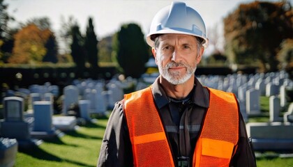 Portrait of a cemetery worker in bright vest and hard hat overseeing maintenance tasks