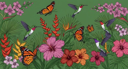 Hummingbirds and Butterflies Among Tropical Flowers Illustration for Decoration