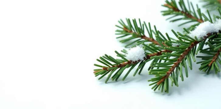Isolated spruce branch against white backdrop, wintery landscape, spruce branch