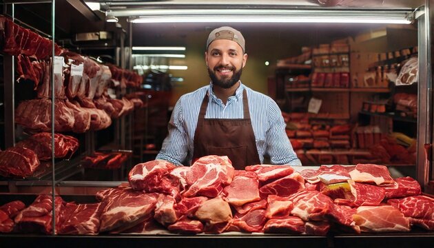 Meat seller displays fresh cuts behind shop window in vibrant market atmosphere