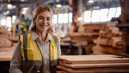 Fototapeta premium Women in woodworking factory smiles while working with lumber during daytime