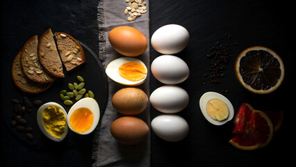 intermittent fasting nutrition appetite control A dark, moody arrangement of various eggs, bread, and fruits on a textured surface.