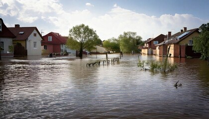 Fototapeta premium Flooded residential area with submerged houses and trees during daytime