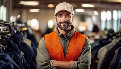 Obraz premium Garment factory worker wearing an orange vest stands confidently among clothing racks
