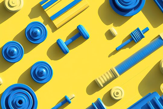 Colorful gym equipment arranged on a bright yellow surface. Flat lay design with various exercise tools