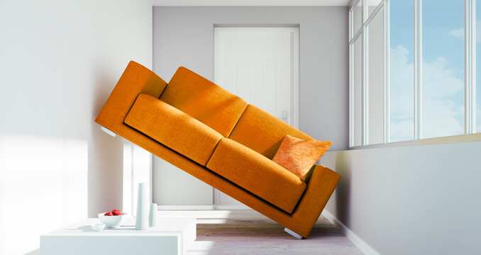 Orange colored sofa is to big for a too small sunny room - 3D illustration