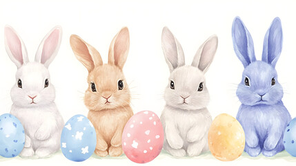Obraz premium Whimsical pastel Easter bunnies with delicate features, ideal for hand-drawn illustrations and holiday art.