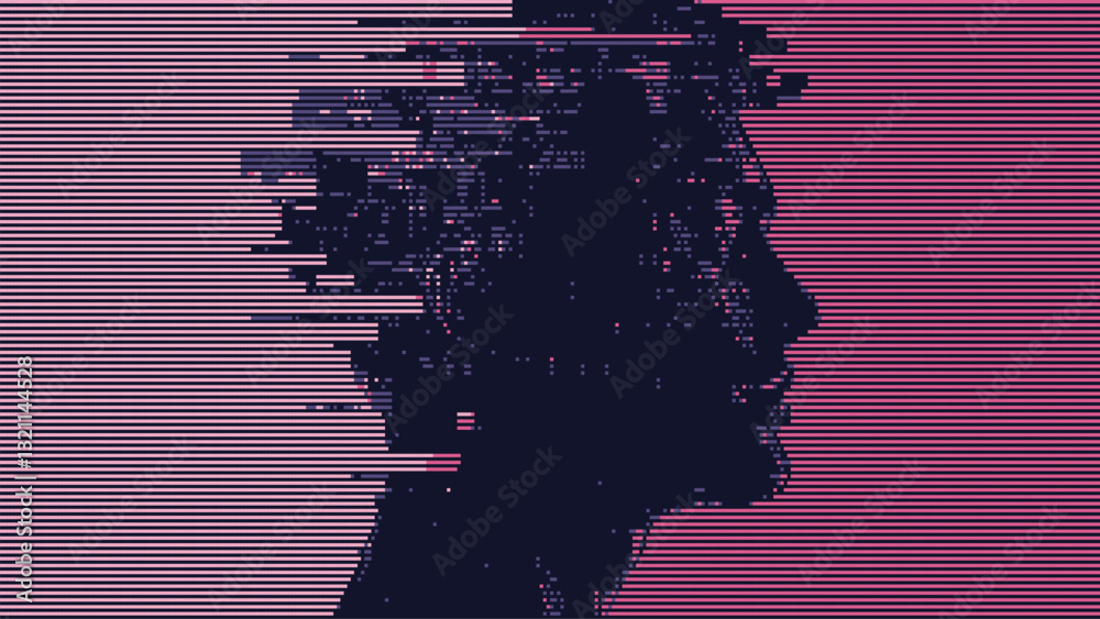 Poster abstract glitch effect background. head silhouette. digital art. pixel glitch texture. data visualiz
