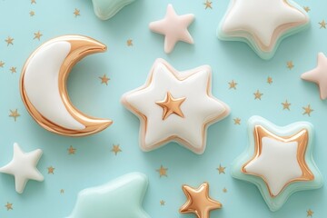 Obraz premium Decorative Stars and Moon Shapes on a Pastel Background Create a Calming and Whimsical Atmosphere for Crafts or Celebrations