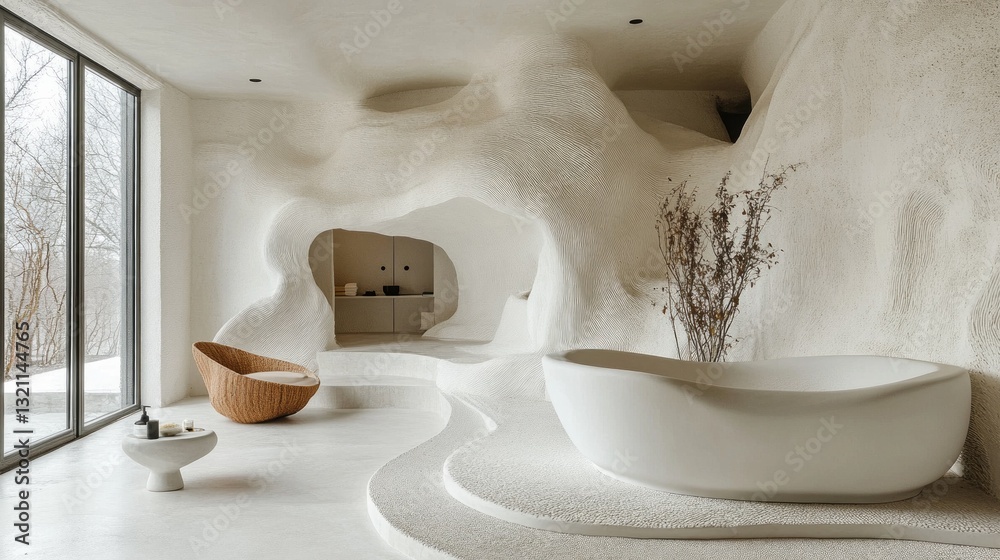 Poster curved lines and soft textures define this unique bathing space, where a sculptural tub invites rela