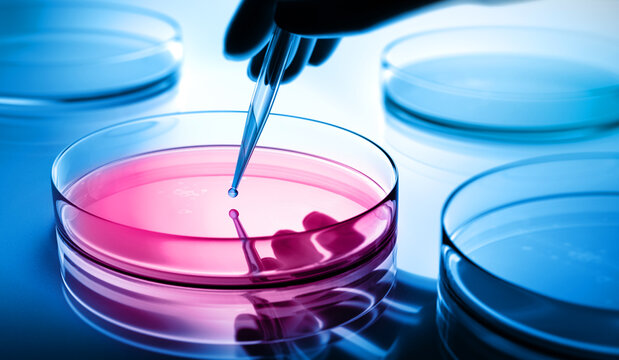 Petri dishes in the laboratory with pipette with drop of color liquid with blue background - medical glassware - 3d illustration
