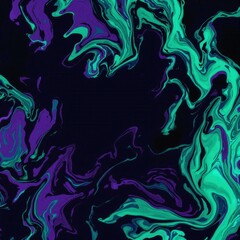 A painting of green and purple swirls with a black background