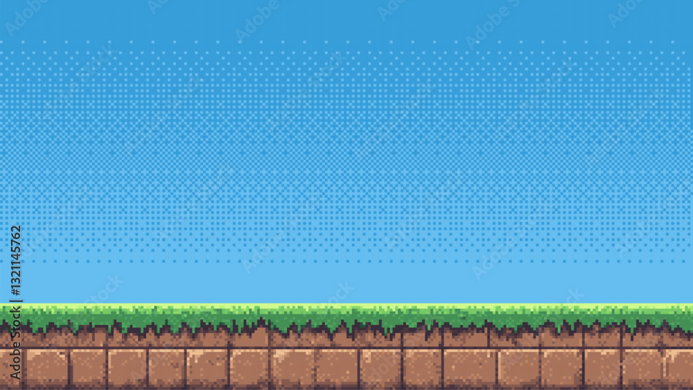 Aufkleber 8-bit pixel art game level background. side scrolling game. blue sky. simple game map template. 2D retro video game style. pixelated vector graphics. 