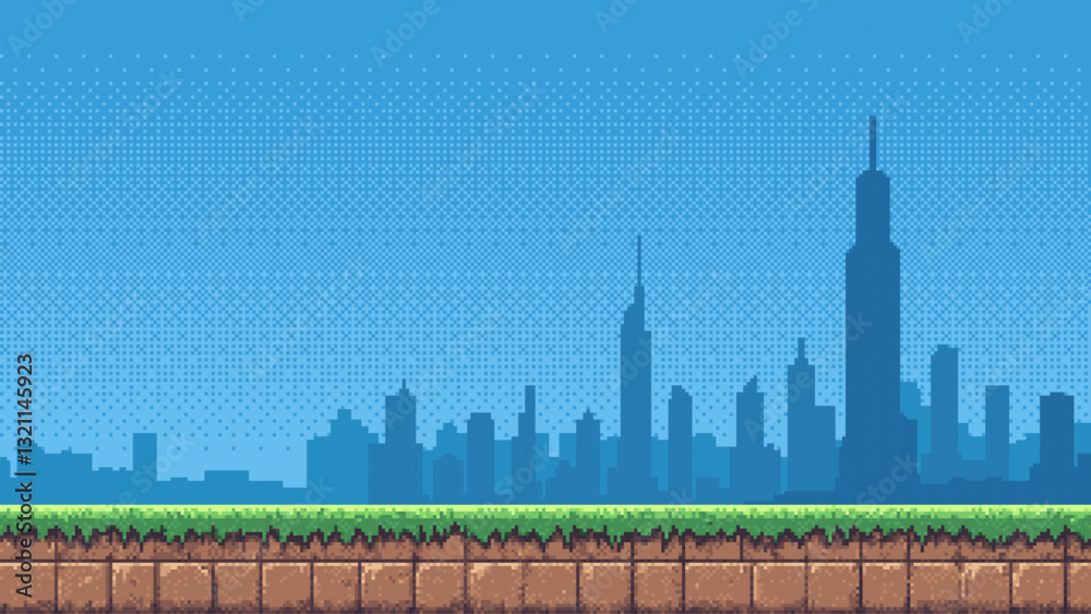 Fototapete 8-bit pixel art game level background. silhouette city skyline. side scrolling game. blue sky. simple game map template. 2D retro video game style. pixelated vector graphics.