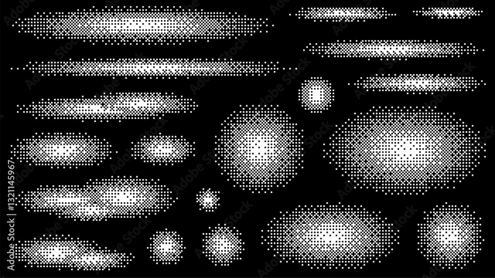 Poster pixel art vector elements of various shapes and sizes in white halftone on a black background. Set of pixel comic dots. Retro style design element. Vector illustration.