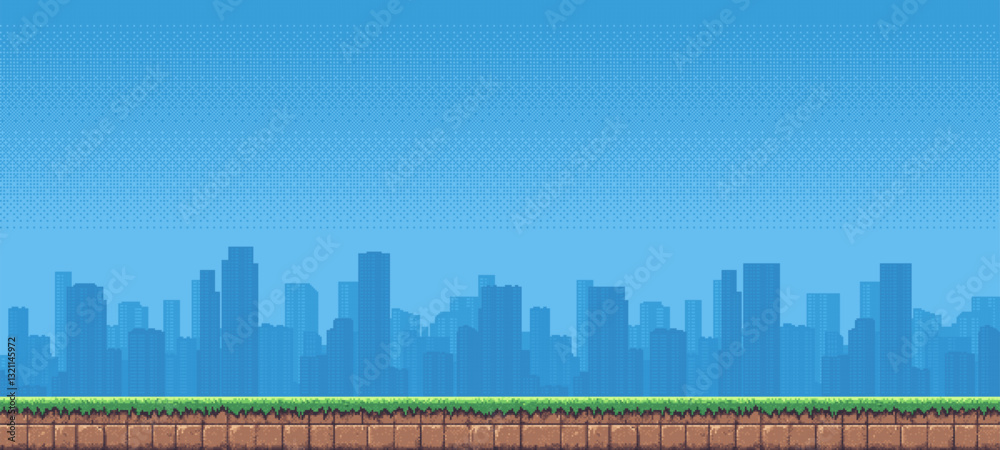 Aufkleber 8-bit pixel art game level background. silhouette city skyline. side scrolling game. blue sky. simple game map template. 2D retro video game style. pixelated vector graphics.