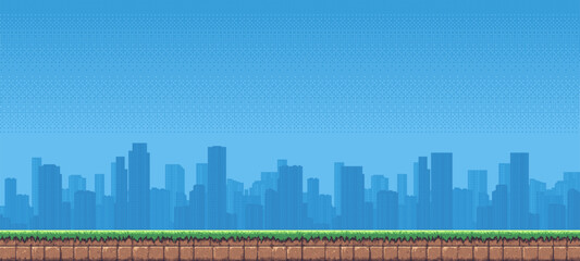 8-bit pixel art game level background. silhouette city skyline. side scrolling game. blue sky. simple game map template. 2D retro video game style. pixelated vector graphics. © hiten666