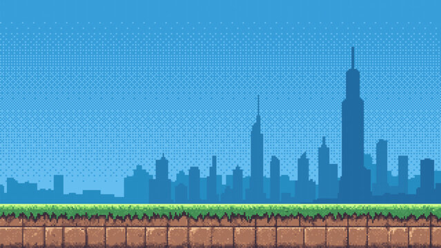 8-bit pixel art game level background. silhouette city skyline. side scrolling game. blue sky. simple game map template. 2D retro video game style. pixelated vector graphics.