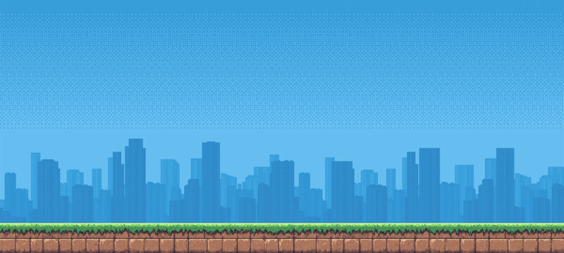 8-bit pixel art game level background. silhouette city skyline. side scrolling game. blue sky. simple game map template. 2D retro video game style. pixelated vector graphics.