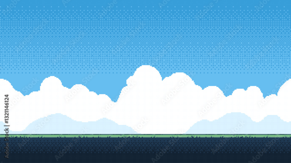Poster 8-bit pixel art game level background. side scrolling game. blue sky with clouds. simple game map template. 2D retro video game style. pixelated vector graphics. 