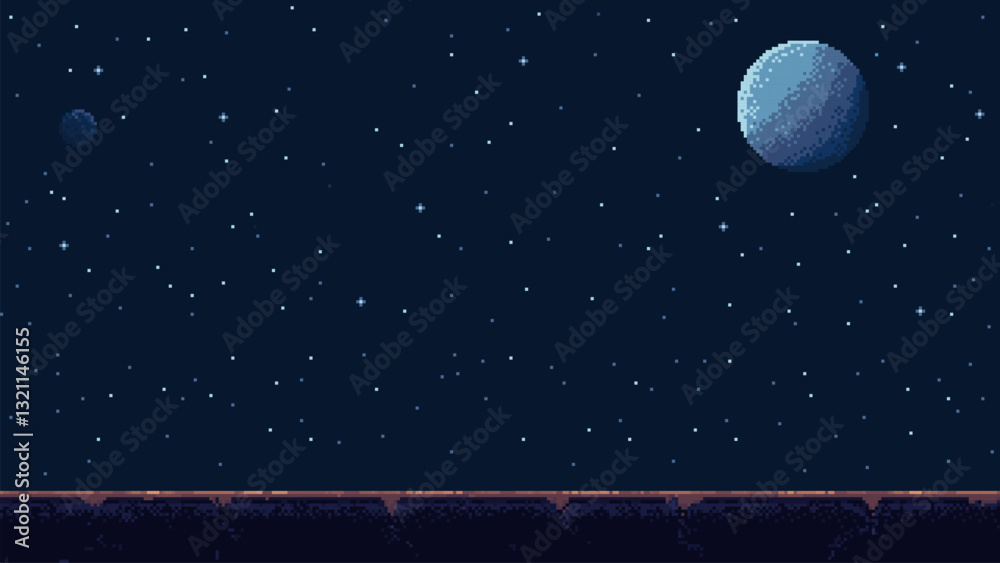 Poster pixel art space game level background, 8 bit retro style video game. Starry sky. Planet surface with rocks. side view simple game level template. Vector illustration.