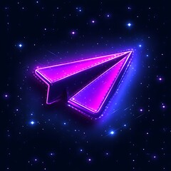 Glowing Paper Airplane Soaring Through Starry Sky with Neon Lights