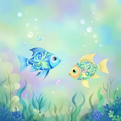 Naklejka premium Two fish swimming in a green and blue ocean