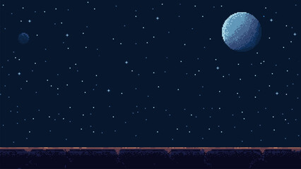 pixel art space game level background, 8 bit retro style video game. Starry sky. Planet surface with rocks. side view simple game level template. Vector illustration. © hiten666
