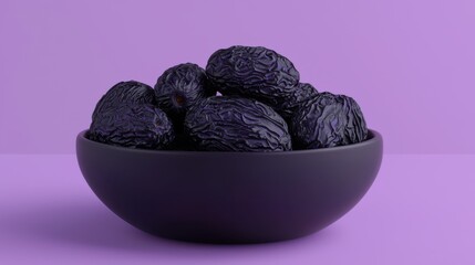 Minimalist 3D Rendering of a Bowl Filled with Fresh Dates Against a Vibrant Purple Background