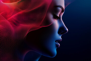 A background where gradation dots and digital wavy lines create lines in the shape of a human body and digital wavy lines wave around them