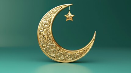 Minimalist 3D Rendering of Ornately Designed Crescent Moon with Star Hanging from It