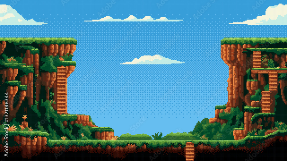 Aufkleber 8-bit pixel art retro game level background. 2D platforms and stairs. side view of a game. cliffs and a blue sky with clouds. video game vector graphics.