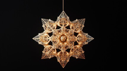 Minimalist 3D Rendering of a Floating Golden Ornament with Intricate Patterns Against a Black Background