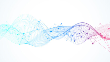 Digits abstract background with connected line and dots, wave flow. Digital neural networks. Network and connection background for your presentation. Graphic polygonal background, illustration