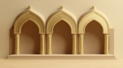 Elegant Minimalist 3D Rendering of Golden Islamic Architecture with Arched Structures and Rich Details