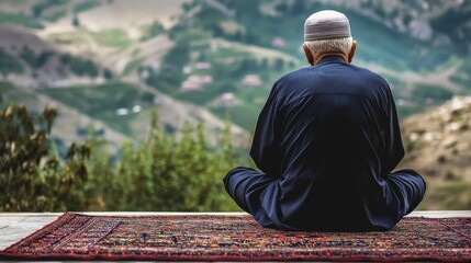 Elderly Man Praying in Solitude on Prayer Mat Surrounded by Peaceful Nature and Scenic Landscape